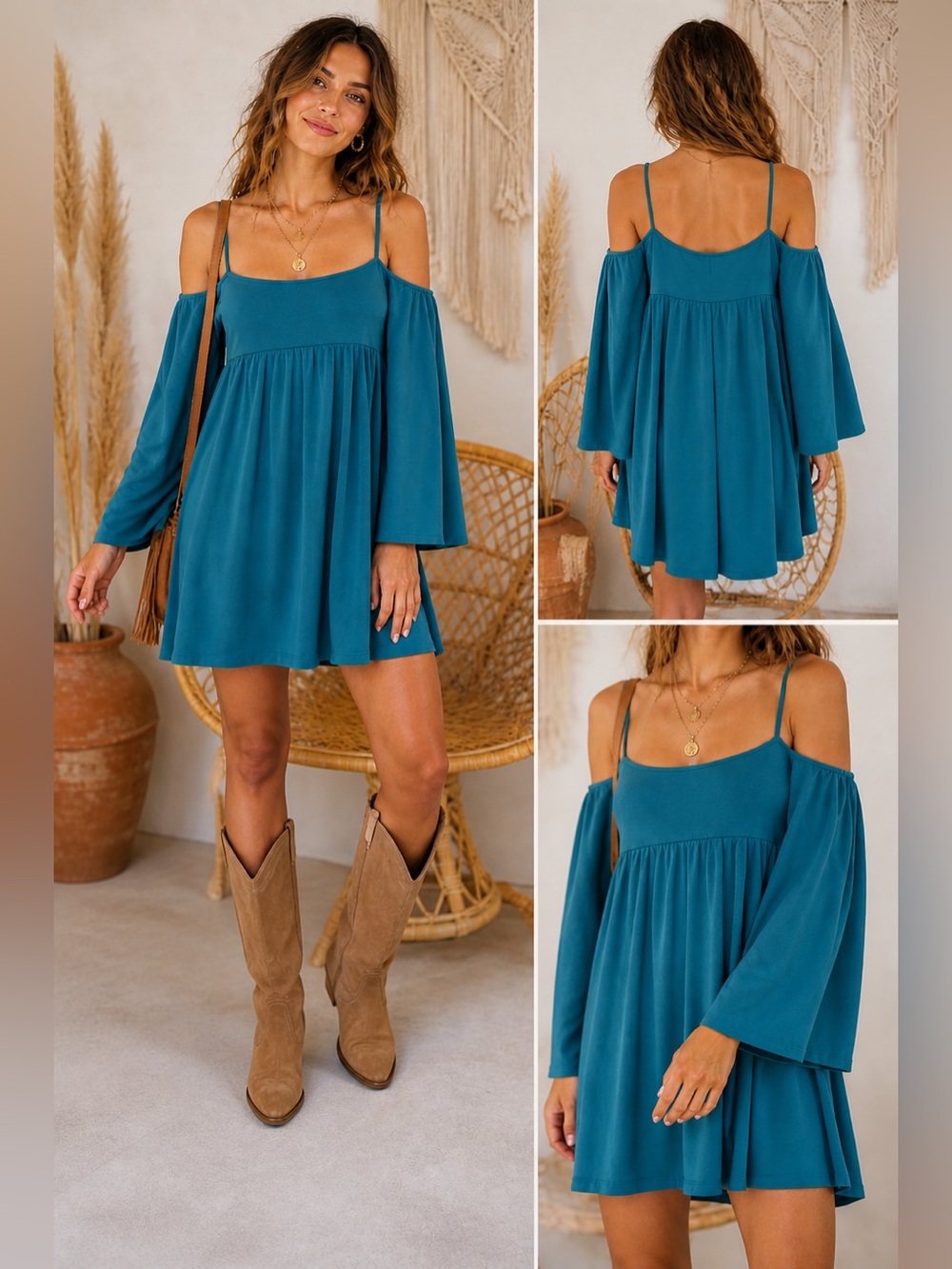 Susana Monaco Teal Cold Shoulder Mini Dress Boho Flowy Long Sleeve NWOT